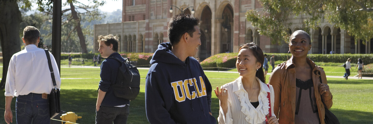 Students talking on the UCLA campus.