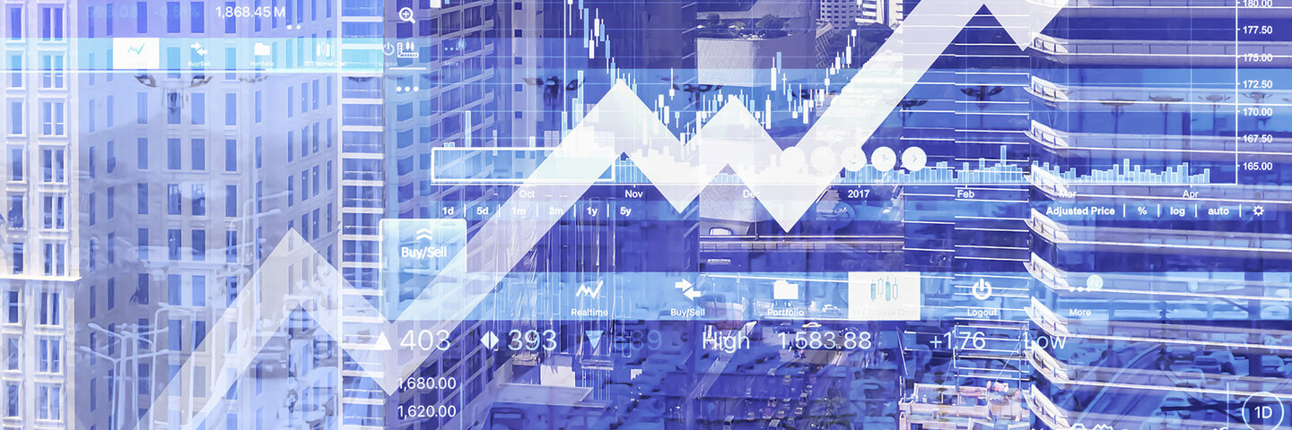 graphs and diagrams layered over highrise buildings