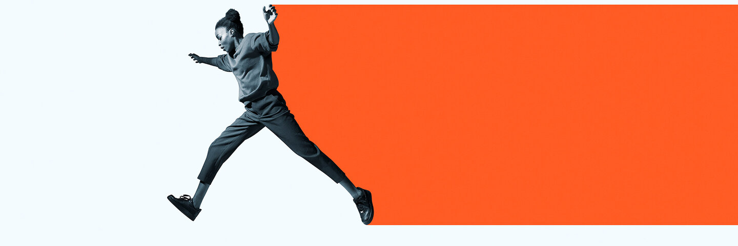 Illustration of a woman taking a big step with an orange graphic