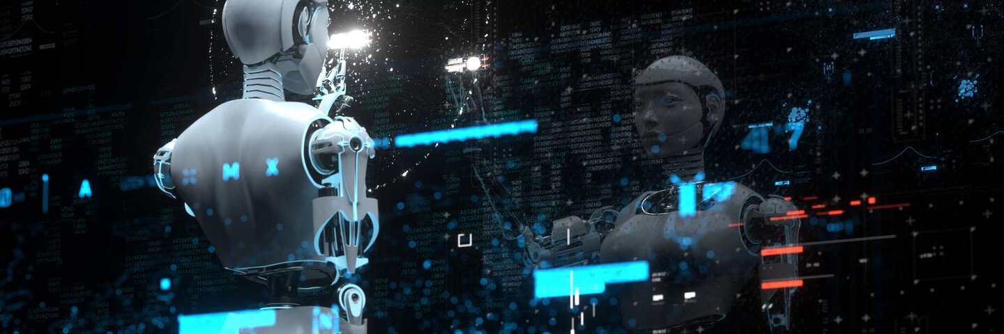 Android looking at its reflection in a screen