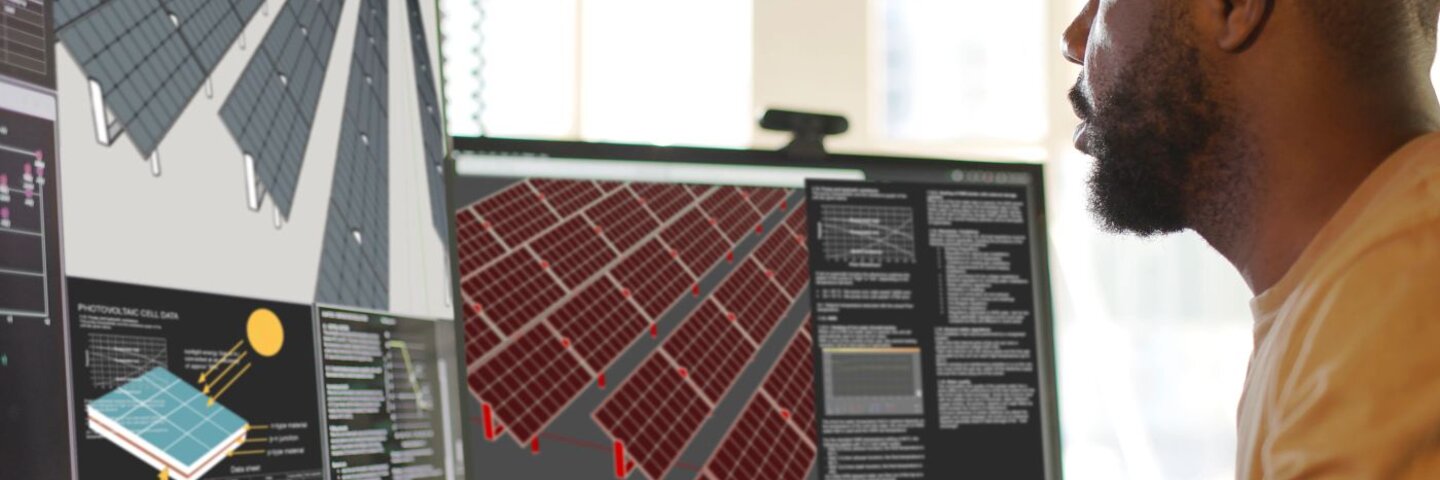 African American man working on CAD software looking at the design of a solar panel array in CAD with data.